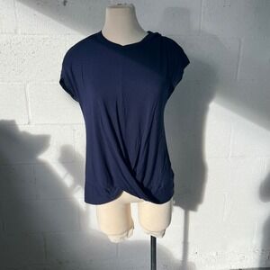 YSYOKOW Navy Blue Twist Front Cap Sleeve Tunic Top Women's Small